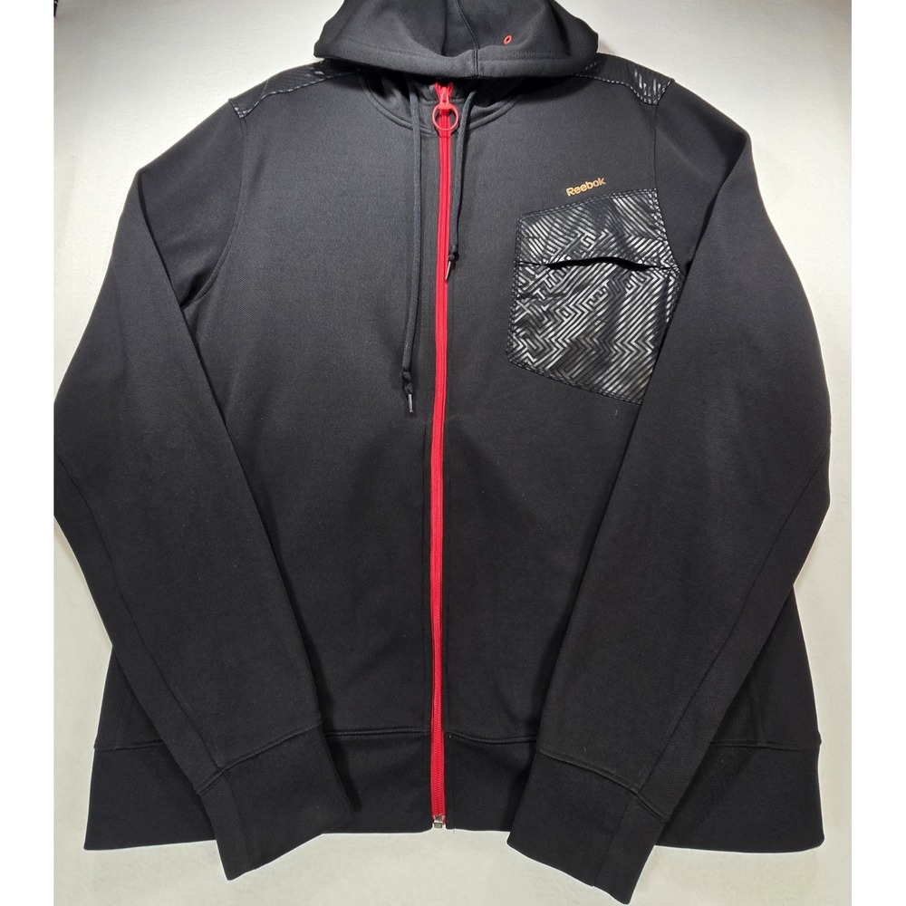 Reebok Mens 2XL Black Full Zip Hoodie Red Trim Geometric Pocket Sweatshirt